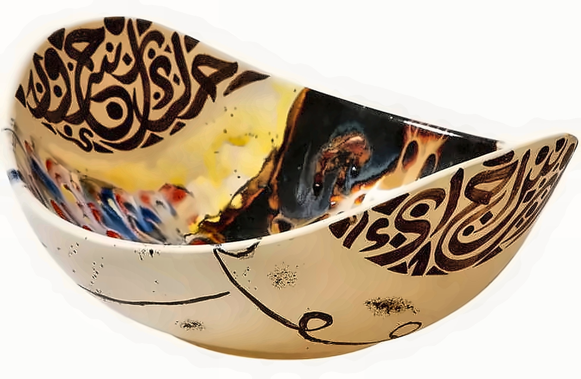 A boat-shaped bowl, calligraphy round the rim and inside over poured glaze.