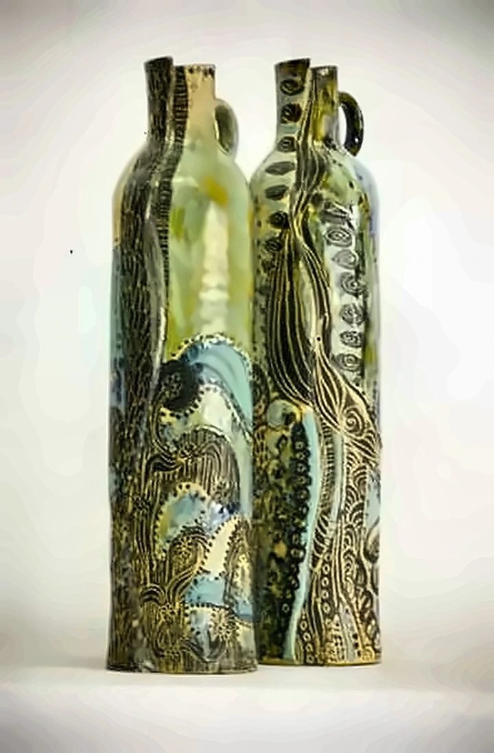 Cuatro botellas verdes altas, talladas en profundidad y esmaltadas en verde y azul moteados.