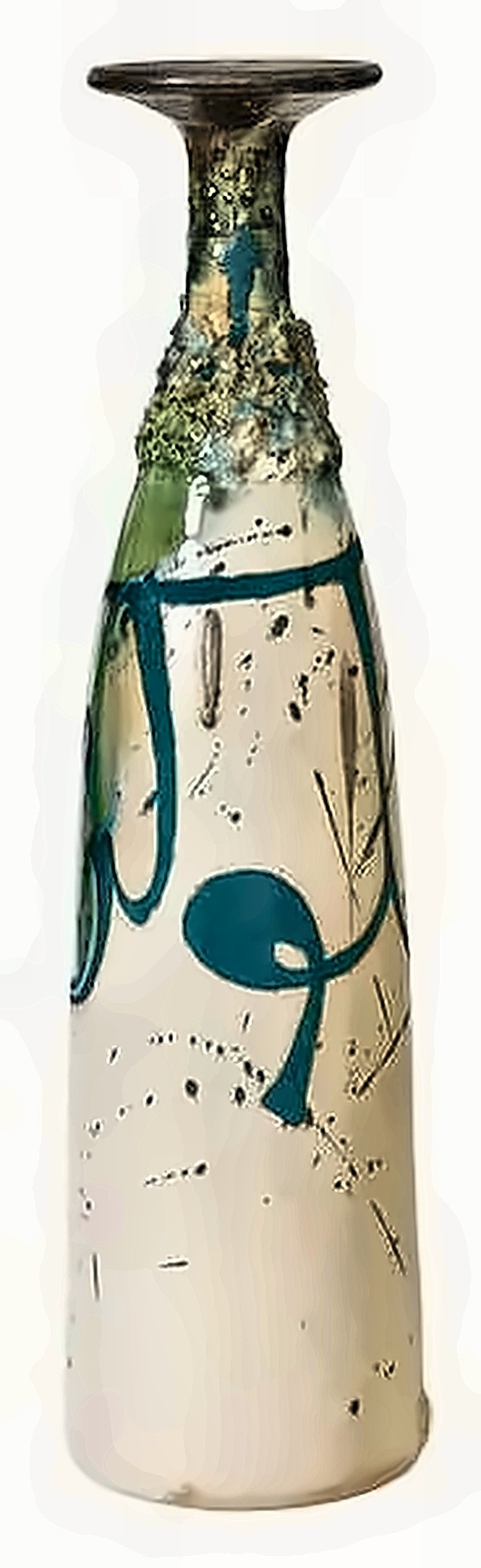 A tall white bottle with teal brushwork and an encrusted glaze collar at the neck.