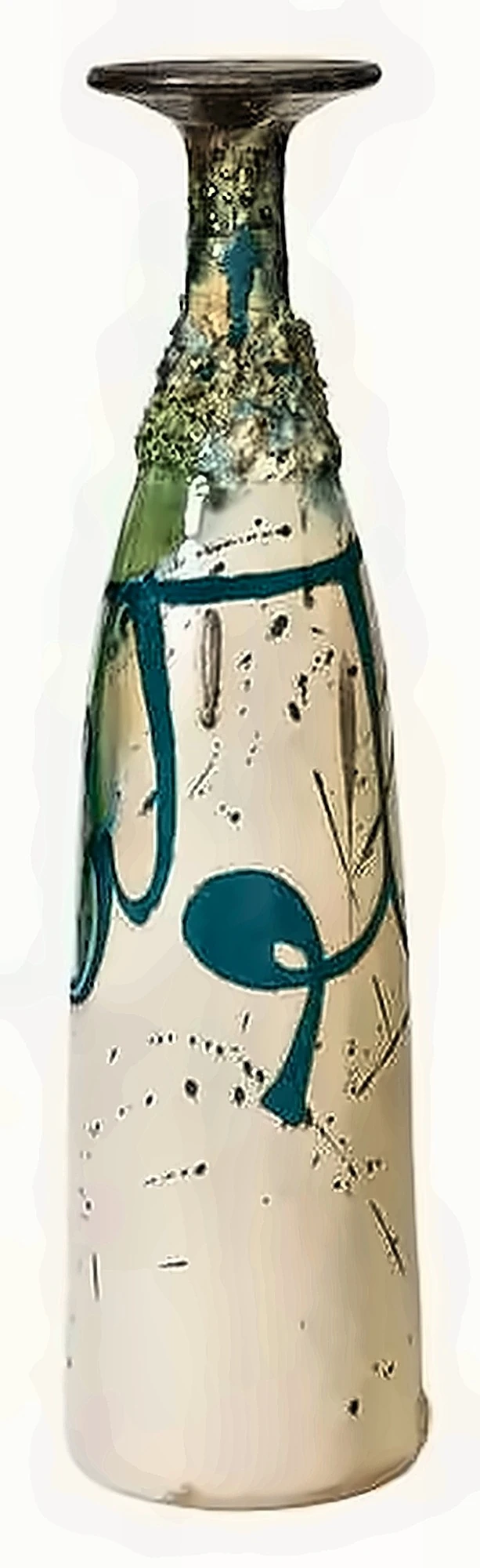 Botella blanca alta con pinceladas verdeazuladas y un collar de esmalte incrustado en el cuello.